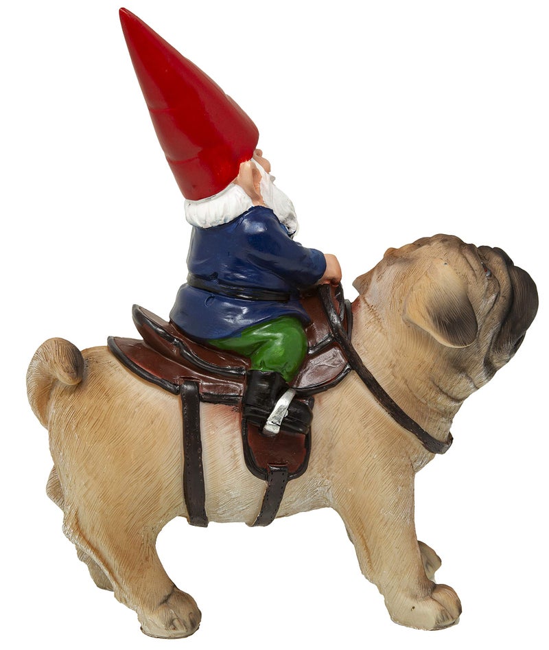 Funny Guy Mugs Garden Gnome Statue - Gnome Riding a Pug - Indoor/Outdoor Garden Gnome Sculpture for Patio, Yard or Lawn - Image 5